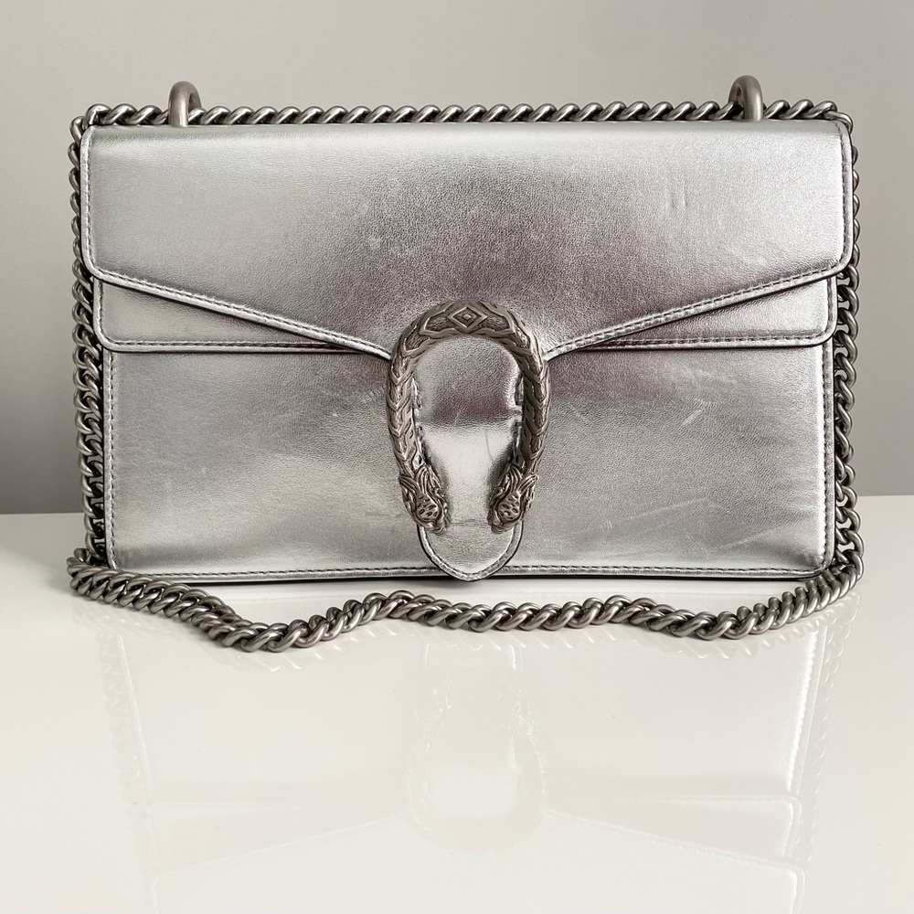 Authentic Gucci Medium Dionysus Tiger Metallic Leather Pink Suede Chain Purse